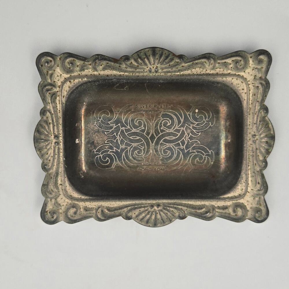 Vintage Mid-Century Hong Kong Silverplated Trinket Tray with Baroque Style Edge